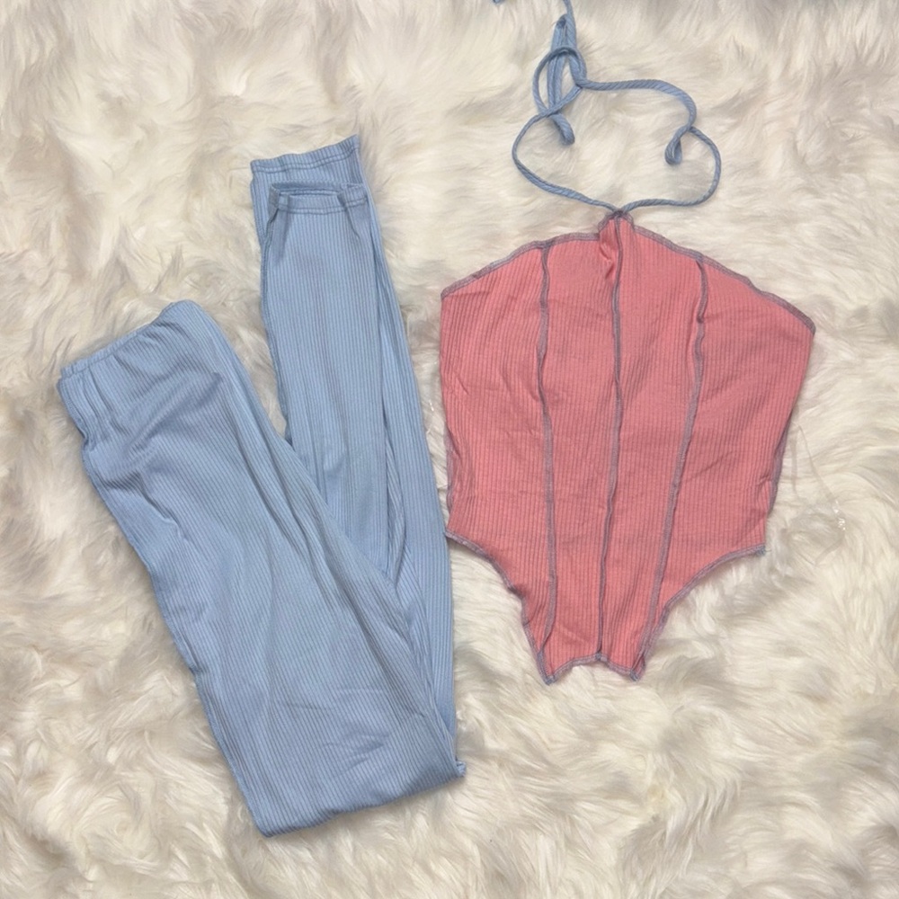 Two-Piece Ribbed Set in Pink and Blue